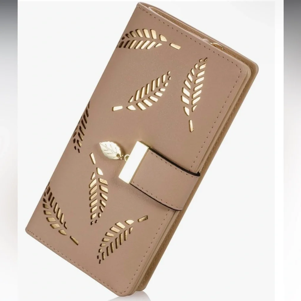 Women's Long Leaf Bifold Wallet Leather Card Holder Purse Elegant Clutch (new)